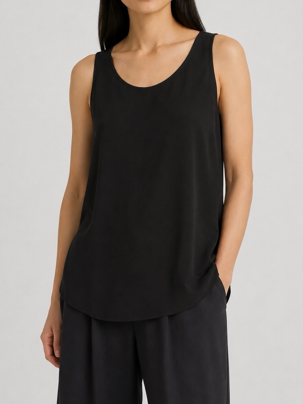 Eileen Fisher Black 100% Silk Tank Top Size L Sleeveless Luxury Basic EUC